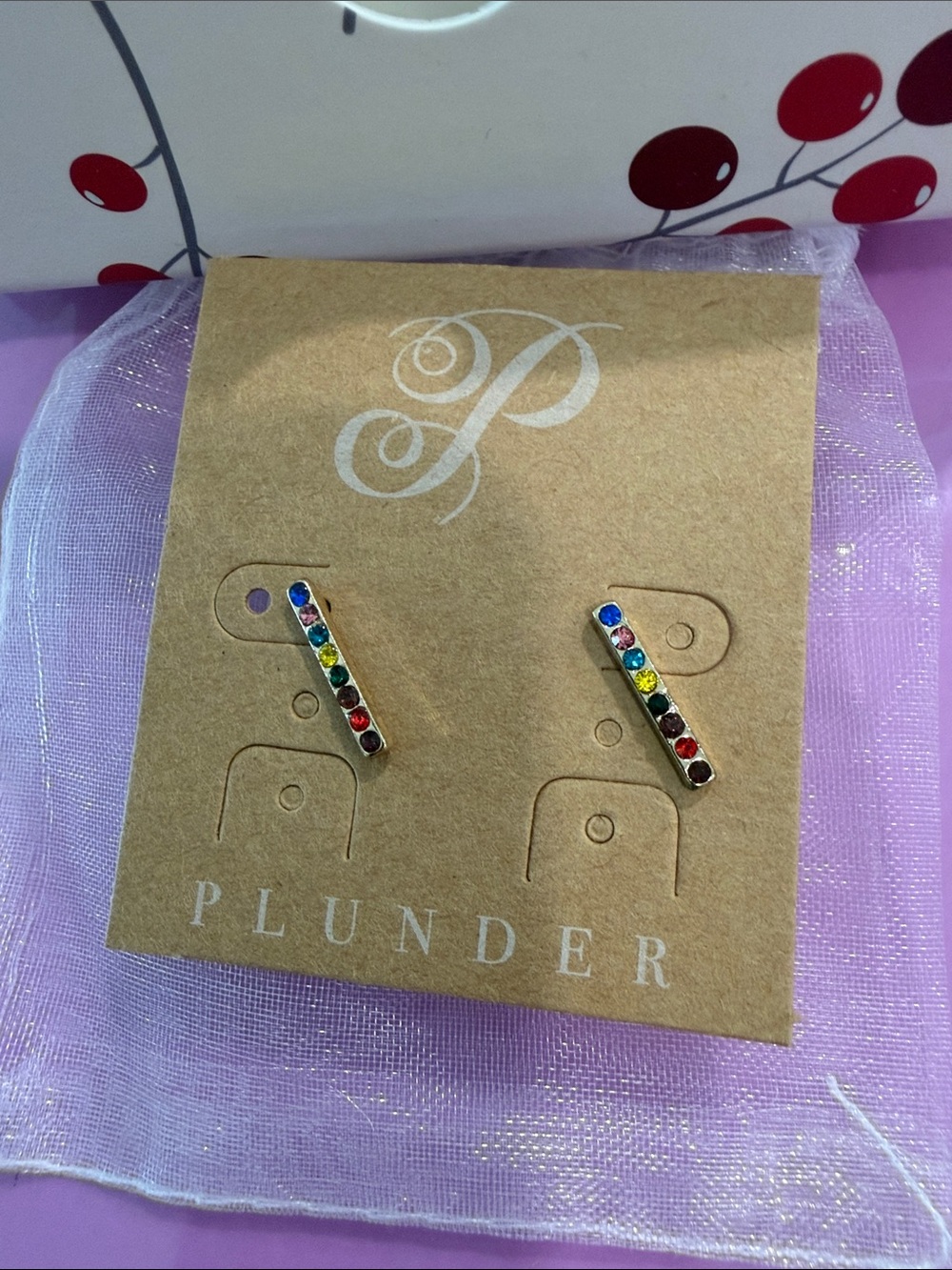 Plunder Gold-Tone Rainbow Crystal Bar Stud Earrings